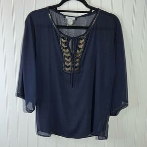 Cache Beaded Tie Top Women’s Small Blue Gold Yoke V-Neck Bohemian Short Sleeve￼